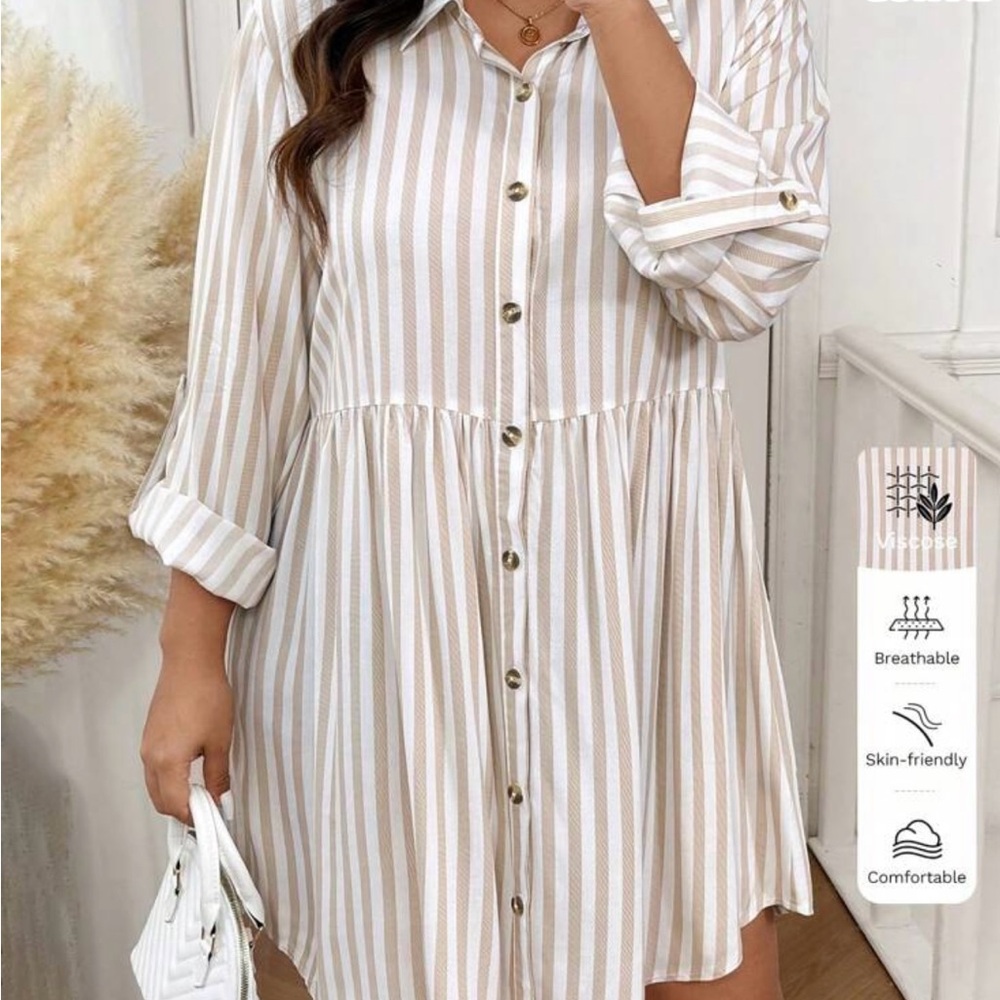 Striped Beige and White Button-Up Dress
